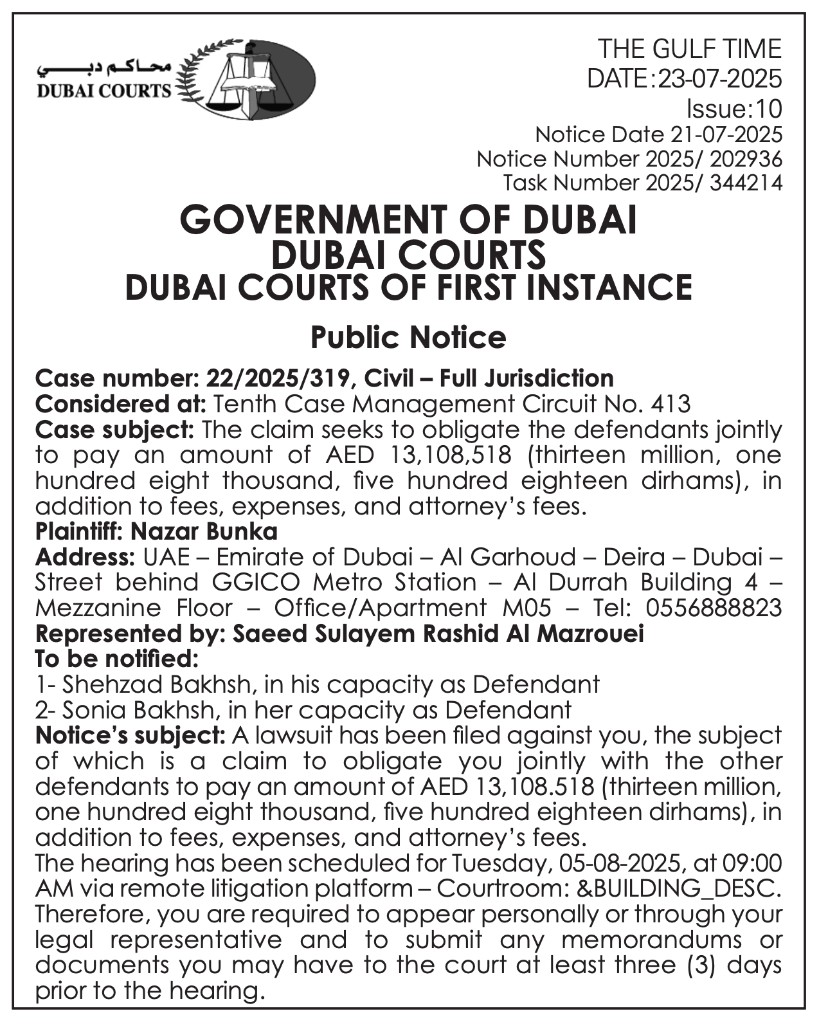 Dubai Courts Public Notice naming Shehzad Bakhsh and Sonia Bakhsh – The Gulf Time, 23 July 2025
