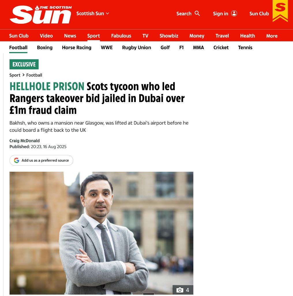 The Scottish Sun: Scots tycoon who led Rangers takeover bid jailed in Dubai over £1m fraud claim